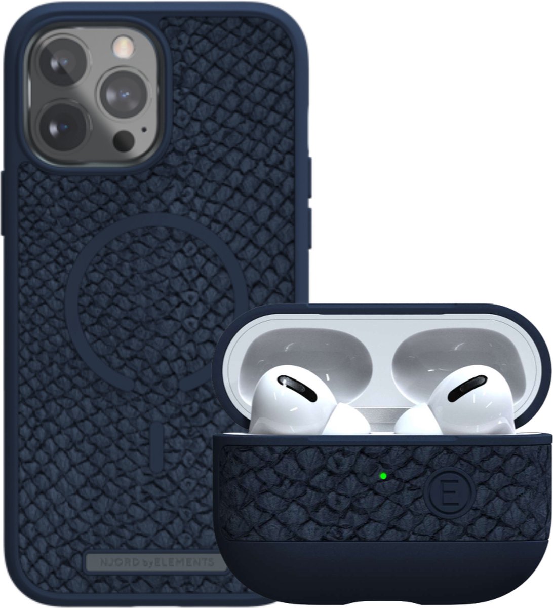 Njord byELEMENTS iPhone 13 Pro hoesje + AirPods Pro hoesje / Airpods Pro Case - Gemaakt van Hoogwaardig Zalmleer - Gereycled / Duurzaam materiaal - 2 Meter valbescherming - Uniek design - Blauw