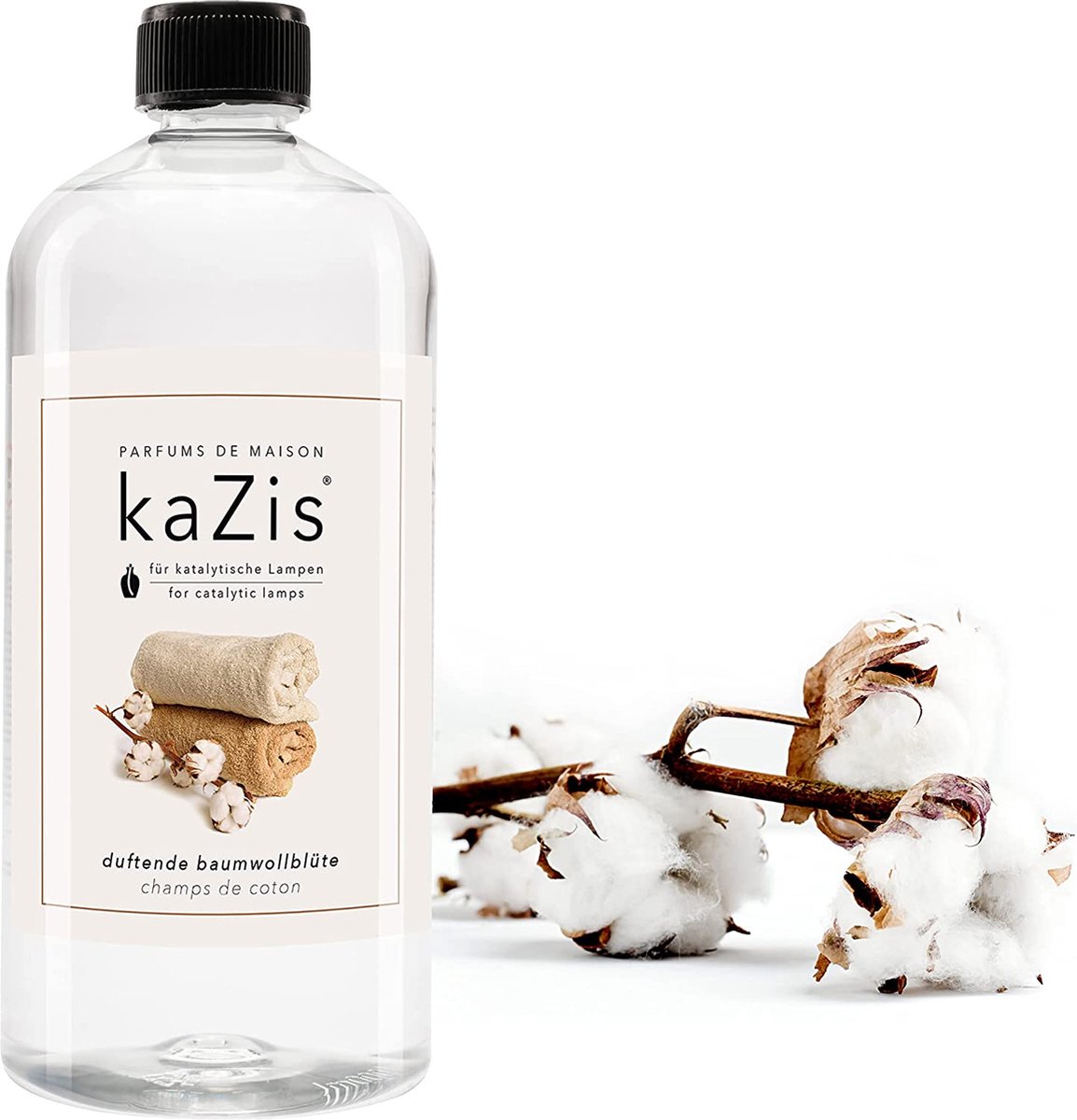 KAZIS® Champs de Coton - Zacht Katoen - 1000 ml huisparfum navulling geschikt voor LampAir, Ashleigh & Burwood en Lampe Berger
