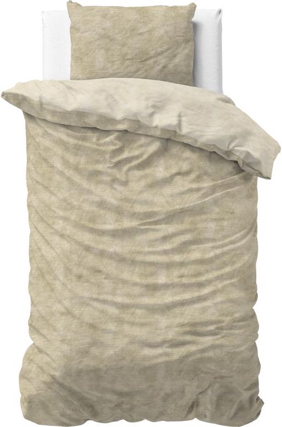 Eenpersoons dekbedovertrek Sleeptime in taupe, met één kussensloop op een witte achtergrond.