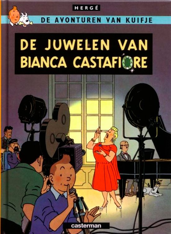 Kuifje stripalbum 'De Juwelen van Bianca Castafiore' met Bianca Castafiore op een filmset.