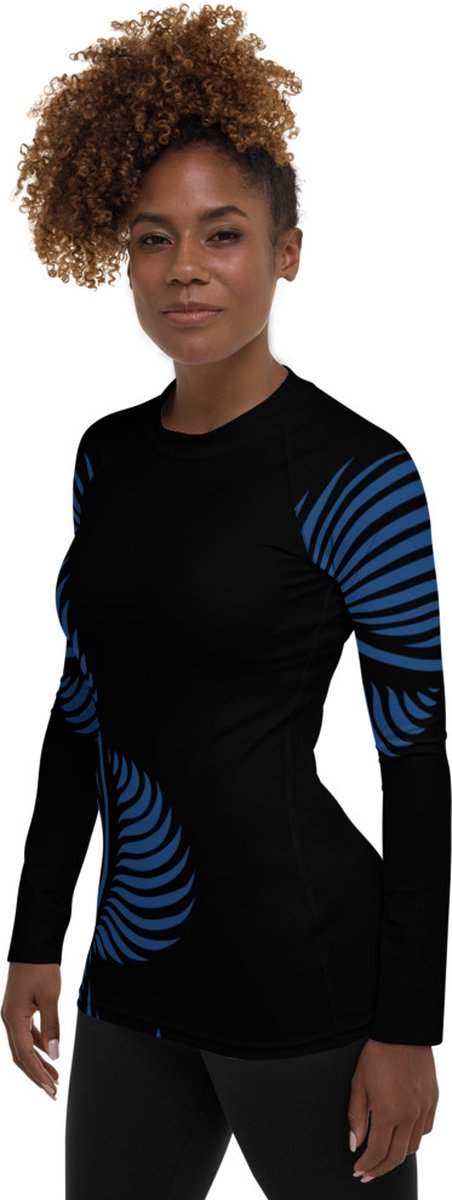 Rashguard - design Lines 4 Peace - Dry Fit - High Performance - 4way stretch - unieke print - UPF 50+ - Hardloop - Yoga - Fitness - Dans  - Pilates - Training – Shirt Long Sleeve - dames - zwart klassiekblauw - maat S