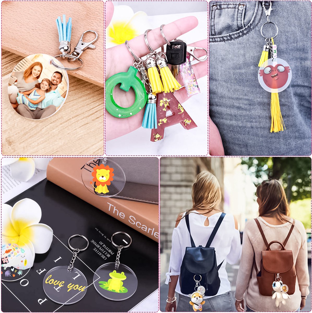 155-Delig DIY Sleutelhangers Maken Knutselpakket met Sleutelringen, Kwastjes, Blanco Transparant Plastic Plexiglas - Foto/Sleutellabels Personaliseren - Knutselen Meisjes, Jongens, Volwassenen Sieraden Hobby - Leeg Acryl Plaat Keychain Graveren — afbeelding 2
