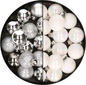 28x stuks kleine kunststof kerstballen zilver en parelmoer wit 3 cm - Kerstversiering