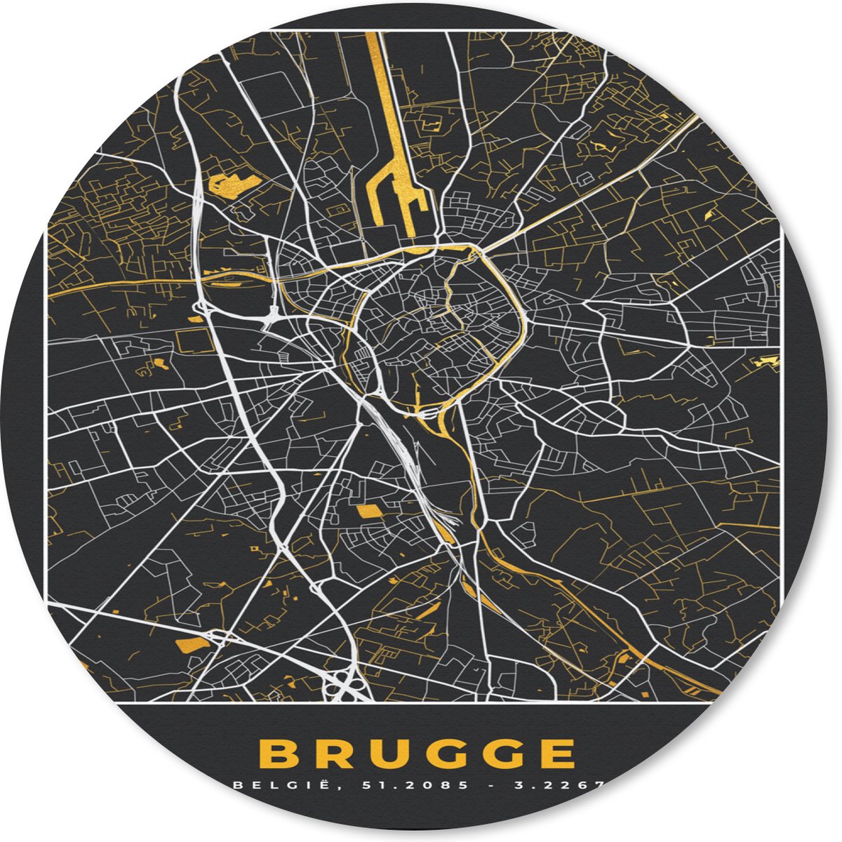 Muismat rond 30x30 cm - Mousepad Goud - Brugge - Stadskaart - Kaart - Plattegrond - Ronde muismatten - Stadskaart