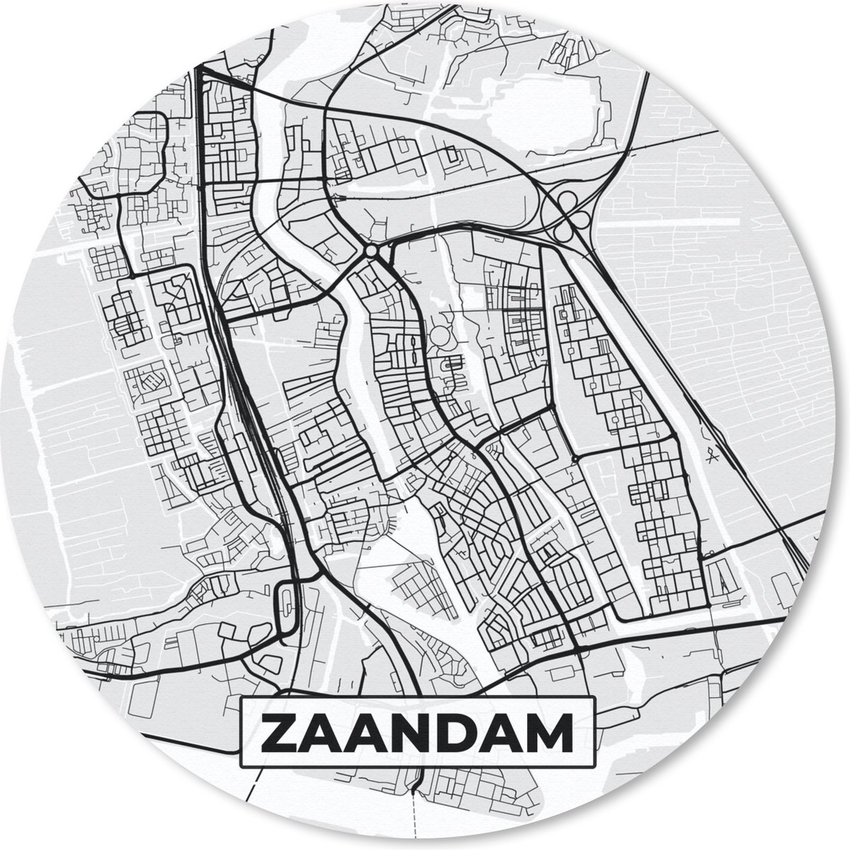 Muismat rond 50x50 cm - Mousepad Zaandam - Stadskaart - Zwart Wit - Plattegrond - Kaart - Ronde muismatten - Stadskaart