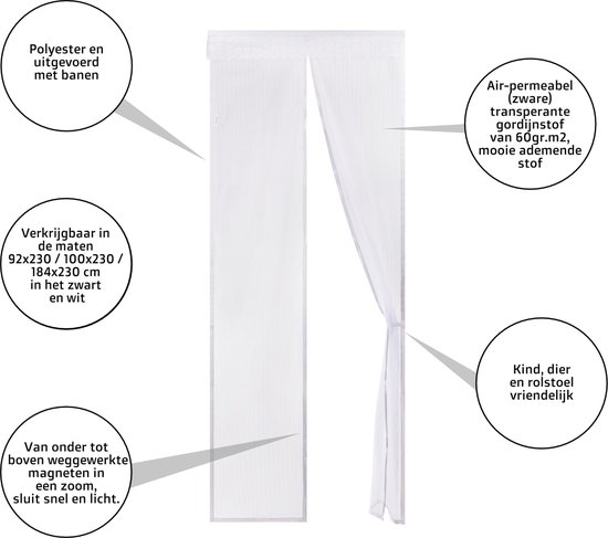 Wit polyester deurgordijn met strepen, magneten in de zoom, 100x230 cm.