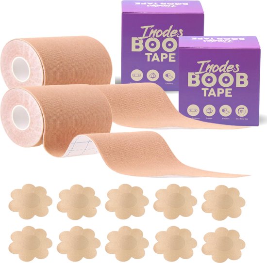 Inodes Duo Pack Boob tape 10 Meter (7,5 cm breed) beige - Plak BH - Strapless BH + Inclusief 10 Tepelcovers - 2 Rollen van 5 Meter