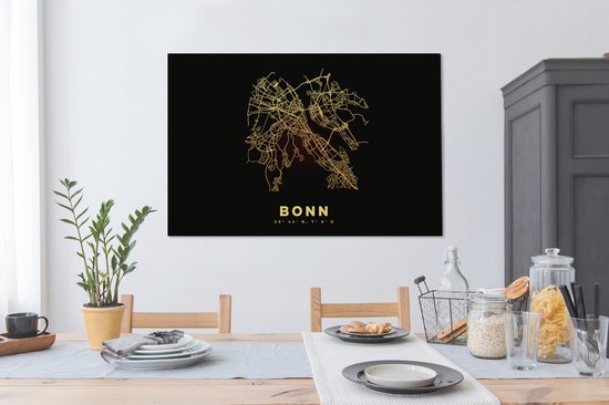 Canvas schilderij 140x90 cm - Wanddecoratie Kaart - Bonn - Goud - Stadskaart - Plattegrond - Muurdecoratie woonkamer - Slaapkamer decoratie - Kamer accessoires - Schilderijen