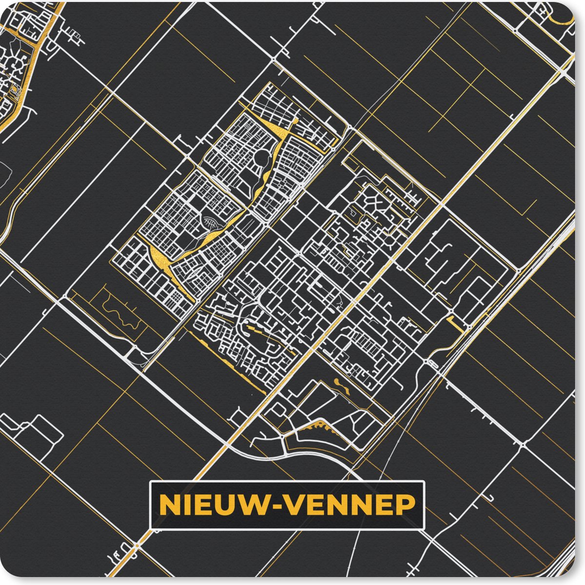 Muismat 20x20 cm - Mousepad Nieuw Vennep - Stadskaart - Plattegrond - Kaart - Black and Gold - Muismatten - Stadskaart