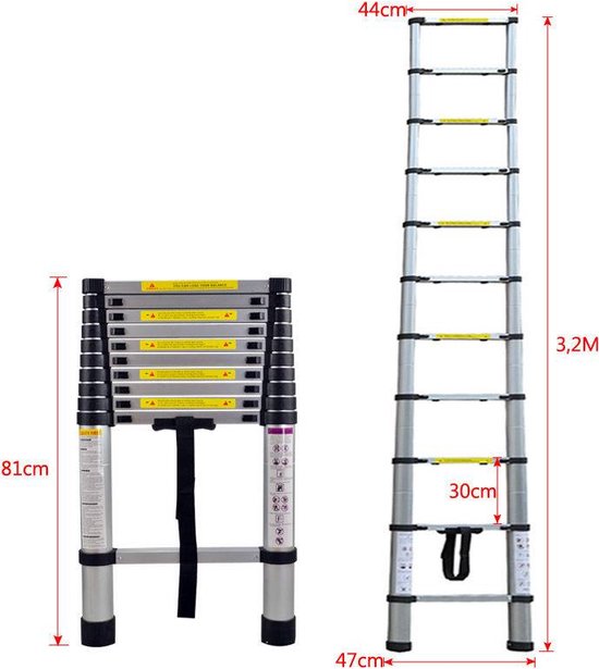Joparri Aluminium telescopische ladder, uittrekbare, antislip aluminium ladder, multifunctionele staande ladder, 150 kg belastbaarheid, 3,2 m