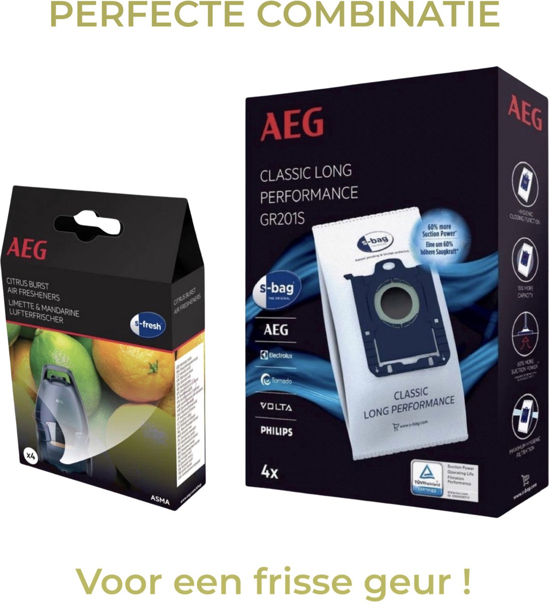 AEG - S-BAG stofzuigerzakken + S-FRESH Geurkorrels (citrus burst) - Air fresheners - Geurparels - Voor Stofzuigers - COMBIDEAL