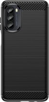 Motorola Moto G52 Hoesje - MobyDefend TPU Gelcase - Geborsteld Metaal + Carbonlook - Zwart - GSM Hoesje - Telefoonhoesje Geschikt Voor Motorola Moto G52