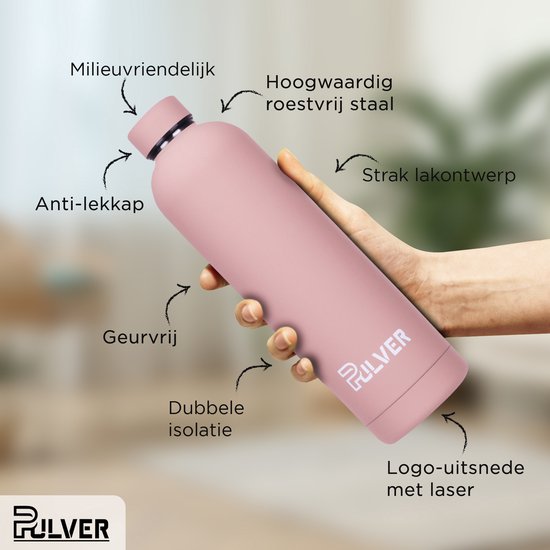 Pulver - RVS Thermosfles / Drinkfles – BPA Vrij – 750 ml - Waterfles met draaidop - Thermosbeker – Drinkfles – Dubbele isolatie - Rubberen coating - thermosflessen - Licht roze
