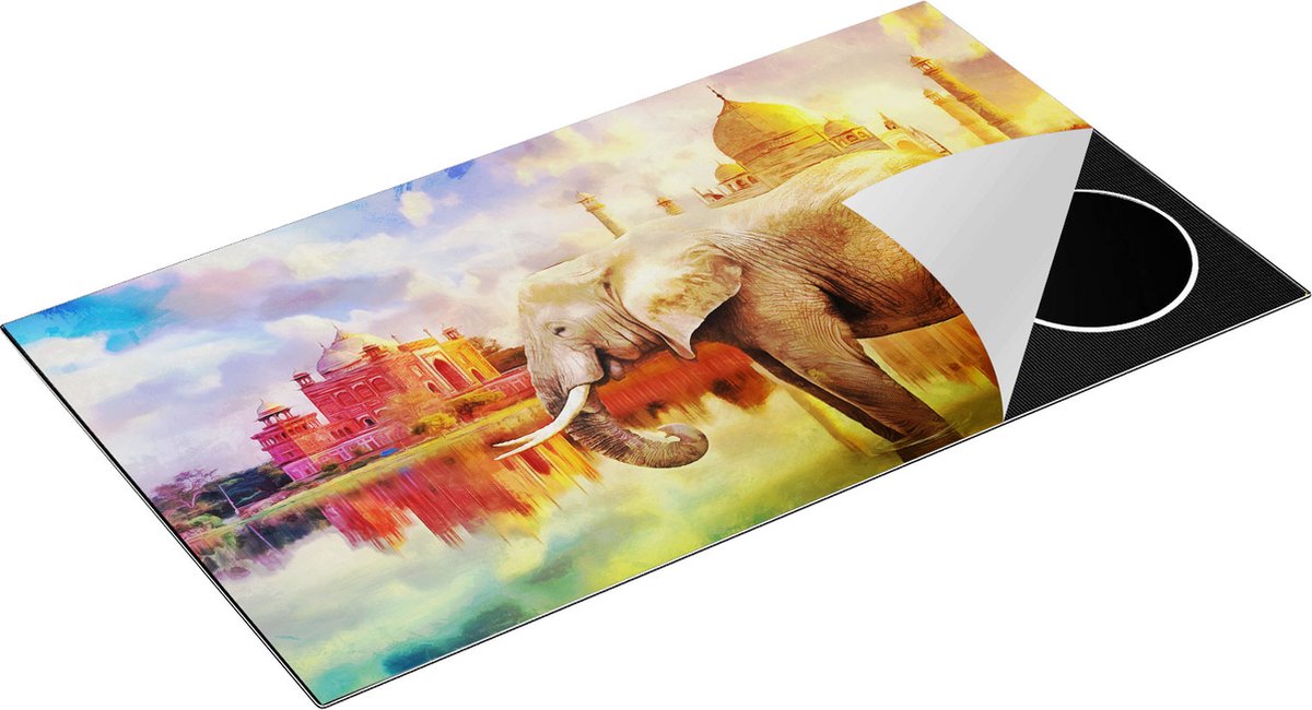 Chefcare Inductie Beschermer Getekende Olifant bij Taj Mahal - Abstract - 95x55 cm - Afdekplaat Inductie - Kookplaat Beschermer - Inductie Mat
