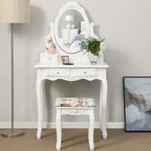 ZAZA Home kaptafel met spiegel en - Krukje- 4 lades incl -2 tussenschotten- wit -75 x 139 x 40 cm-Make up tafel