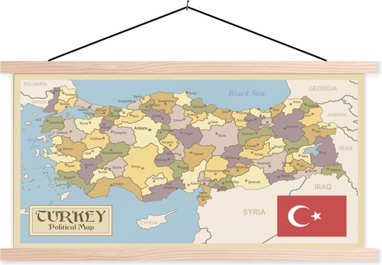 Posterhanger incl. Poster - Schoolplaat - Retrokaart van Turkije met de Turkse vlag - 150x75 cm - Blanke latten