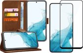 Hoesje geschikt voor Samsung Galaxy S22 - Book Case Leer Wallet Cover Portemonnee Pasjeshouder Hoes Bruin - Full Tempered Glass Screenprotector