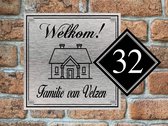 Plaque nominative porte d'entrée Welcome House 20x20 avec numéro aspect inox