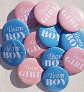 Set met 12 genderreveal buttons Team Boy blauw en Team Girl roze met witte tekst - genderreveal - button - babyshower - geboorte