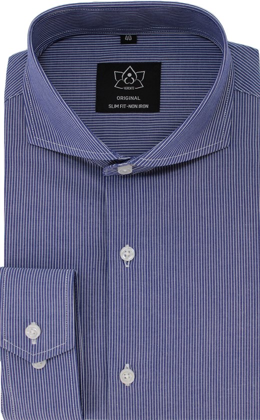 Vercate - Strijkvrij Overhemd - Donkerblauw - Slim Fit - Poplin Katoen - Lange Mouw - Heren - Maat 40/M