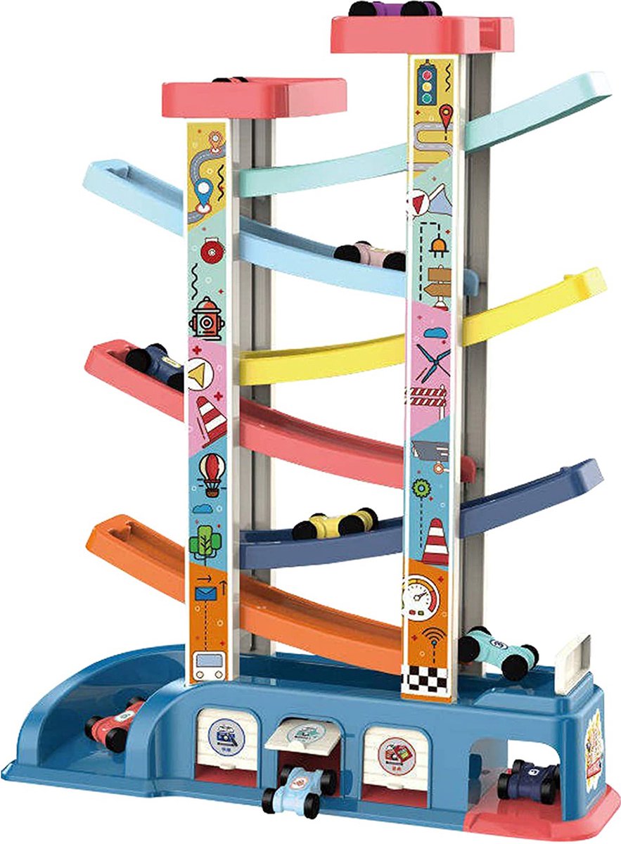 Allerion Toddler Baan – Peuter Speelgoed – Zig-Zag Auto Baan – Plastic Jodelbaan – Met 8 Autootjes en Garage