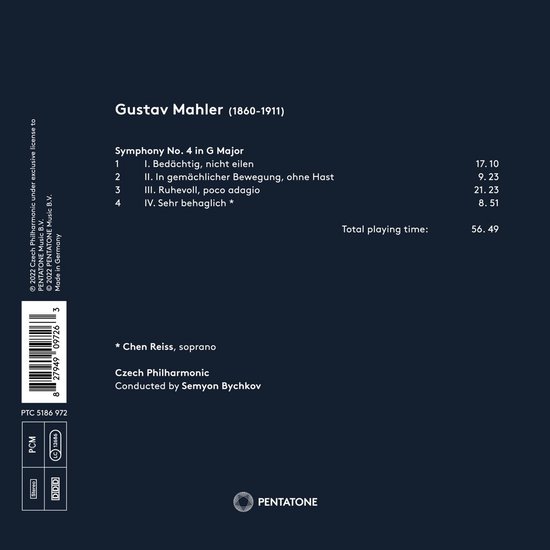 Achterkant van een cd-hoes met Mahler Symfonie nr. 4 in G majeur, uitgevoerd door de Tsjechische Filharmonie o.l.v. Semyon Bychkov, met sopraan Chen Reiss.