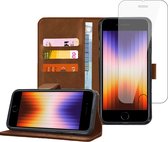 iPhone SE 2022 Book Case Hoesje - iPhone SE 2022 Screenprotector - Flip Portemonnee Bruin met Screen Cover Tempered Glas