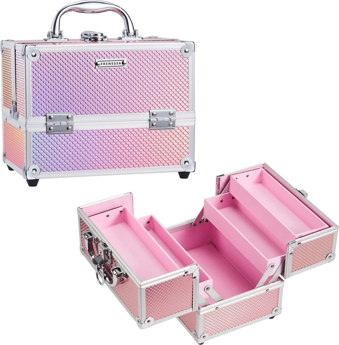 Cosmeticakoffer, make-upkoffer, cosmetica-organizer met sleutel, voor meisjes, roze, One-size,