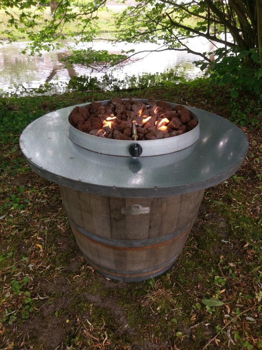 Vuurtafel "Glü" van Eiken Wijnvat – Gas Vuurtafel voor Tuin en Terras – Buitenhaard – Horeca Vuurtafel