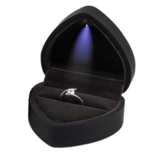 Boîte à bagues coeur lumière LED - amour - noir - demande en mariage - fiançailles - mariage - demande en mariage - rouge - boîte à bijoux - Saint Valentin - bague - éclairage - lumière - avec lumière