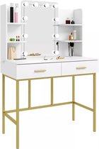 Coazy Kaptafel met spiegel met led-verlichting, 2 lades, wit en goud - Make Up Tafel