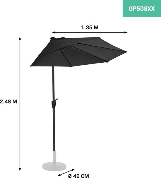 VONROC Premium Parasol Magione – Duurzame balkon parasol - Halfrond 270x135cm – UV werend doek - Antraciet/Zwart – Incl. beschermhoes - VONROC