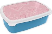 Broodtrommel Blauw - Lunchbox - Brooddoos - Hartjes - Patronen - Roze - 18x12x6 cm - Kinderen - Jongen
