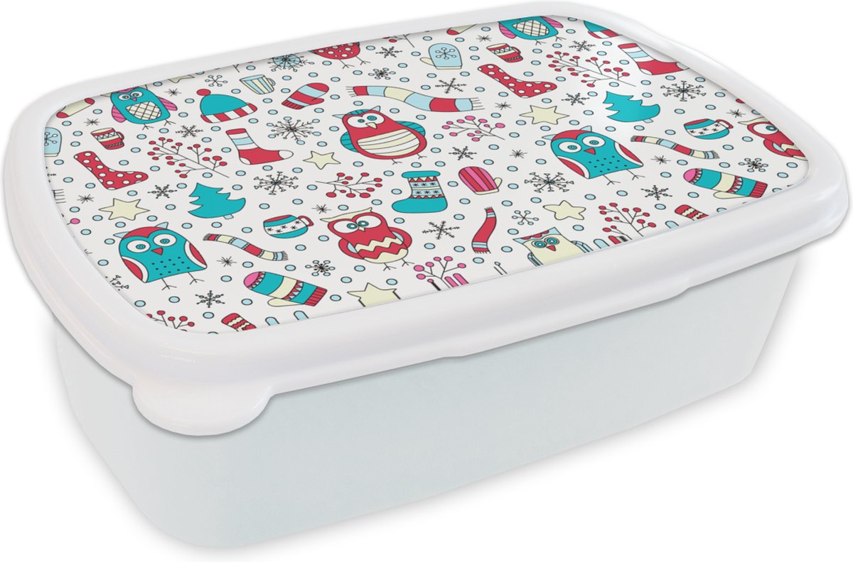 Broodtrommel Wit - Lunchbox - Brooddoos - Patronen - Uil - Kerst - 18x12x6 cm - Volwassenen