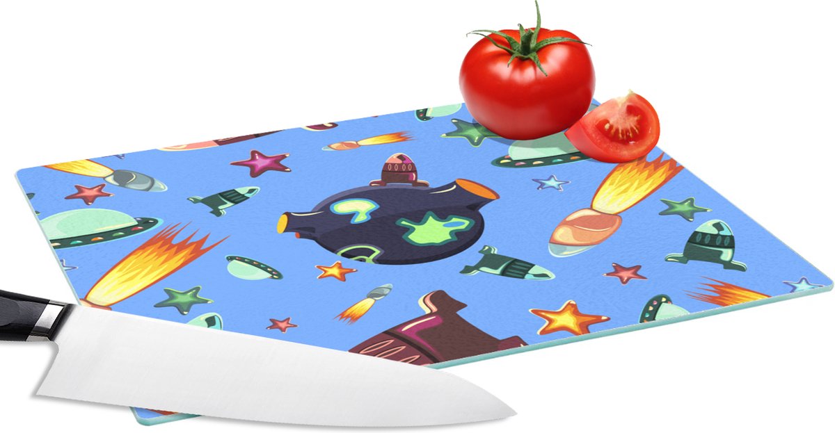 Glazen Snijplank - 28x20 - Ruimte - Regenboog - Ufo - Raket - Design - Snijplanken Glas