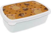 Broodtrommel Wit - Lunchbox - Brooddoos - Koffie - Patronen - Koffiebonen - 18x12x6 cm - Volwassenen