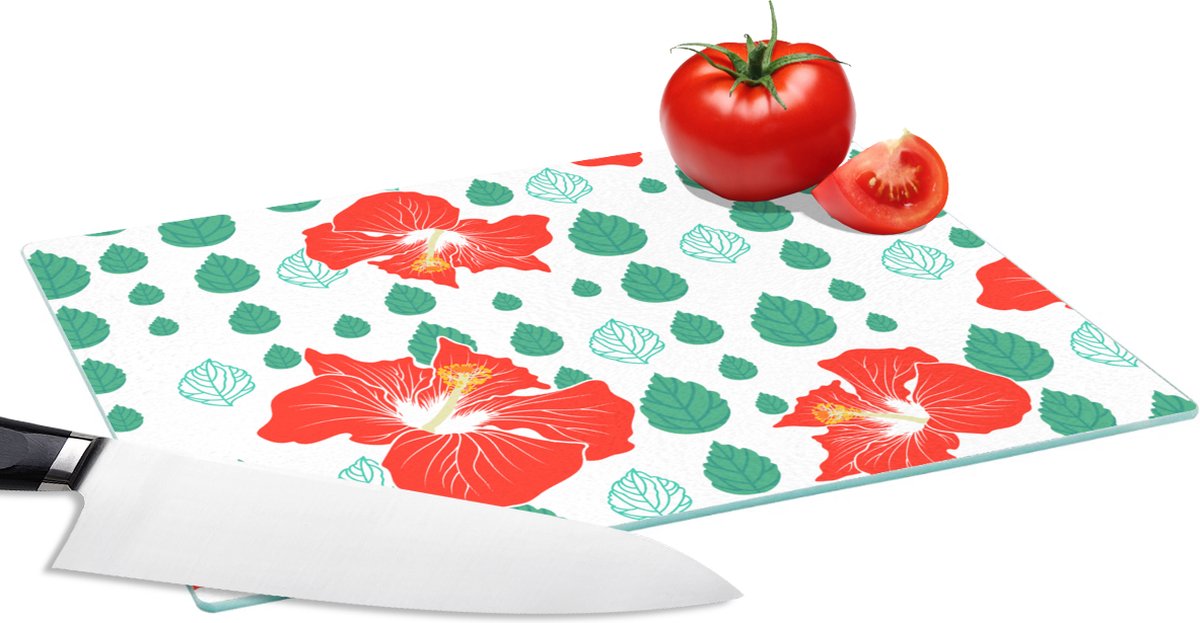 Glazen Snijplank - 28x20 - Hibiscus - Patronen - Hawaii - Bladeren - Bloem - Snijplanken Glas
