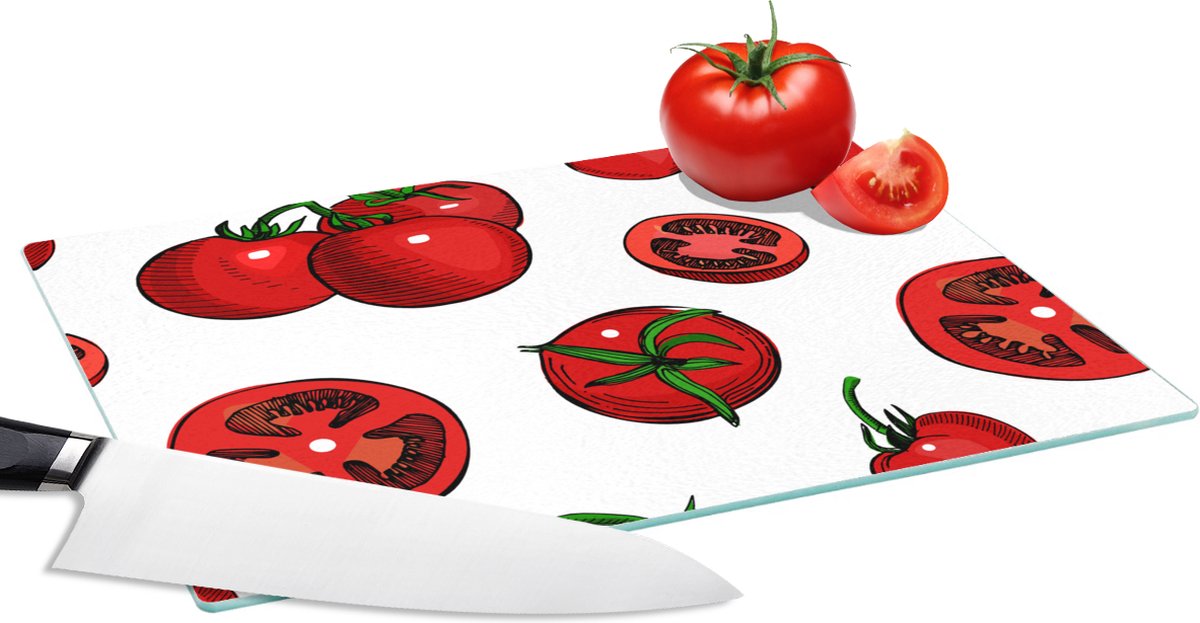 Glazen Snijplank - 28x20 - Rood - Patronen - Tomaten - Snijplanken Glas