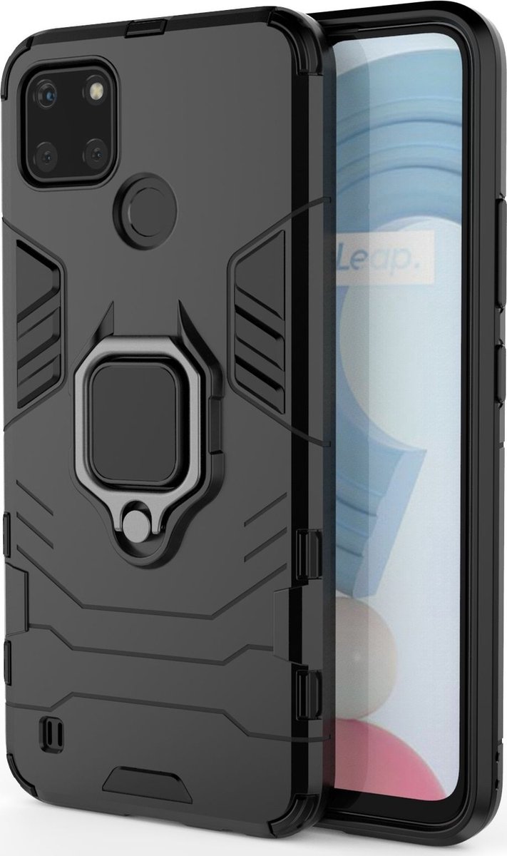 Mobigear Hoesje geschikt voor Realme C21Y Telefoonhoesje Hardcase | Mobigear Armor Ring Backcover Shockproof met Ringhouder | Schokbestendig C21Y Telefoonhoesje | Anti Shock Proof - Zwart