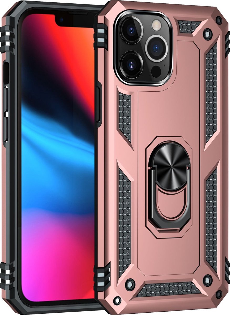 Mobigear Hoesje geschikt voor Apple iPhone 13 Pro Telefoonhoesje Hardcase | Mobigear Armor Ring Backcover Shockproof met Ringhouder | Schokbestendig iPhone 13 Pro Telefoonhoesje | Anti Shock Proof - Roségoud