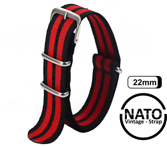 Bracelet Nato 22 mm Zwart Rayé Rouge - Vintage James Bond - Collection Nato Strap - Homme - Bracelets de montre - Largeur de bande 22 mm pour par ex. Seiko Rolex Omega Casio et Citizen