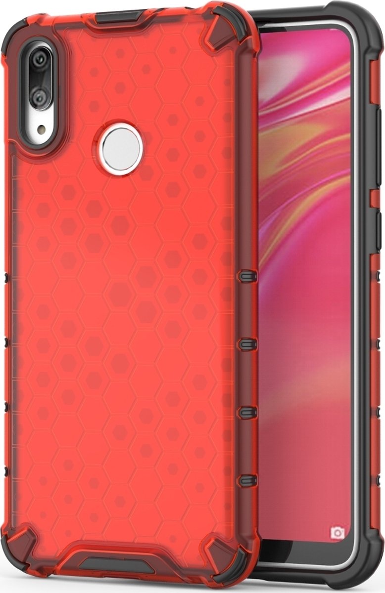Mobigear Hoesje geschikt voor Huawei Y7 (2019) Telefoonhoesje Hardcase | Mobigear Honeycomb Backcover Shockproof | Schokbestendig Y7 (2019) Telefoonhoesje | Anti Shock Proof - Rood