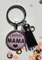 Moederdag sleutelhanger met teksthanger Liefste Mama roze/zwart