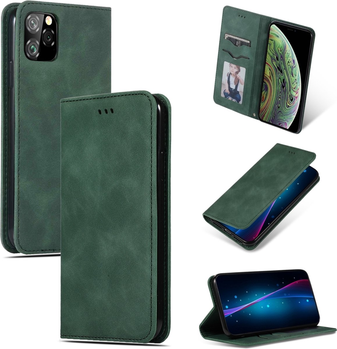 Mobigear Telefoonhoesje geschikt voor Apple iPhone 11 Pro Hoesje | Mobigear Retro Slim Bookcase | Pasjeshouder voor 2 Pasjes | Telefoonhoesje voor Pinpas / OV Kaart / Rijbewijs - Groen