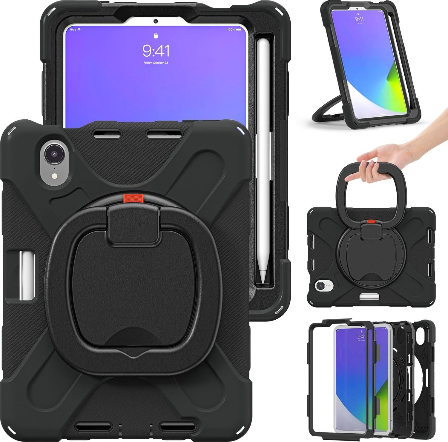 Mobigear RingGuard Tablethoes geschikt voor Apple iPad Mini 6 (2021) Hardcase Backcover + Stylus Houder + Schouderband + Standaard - Zwart
