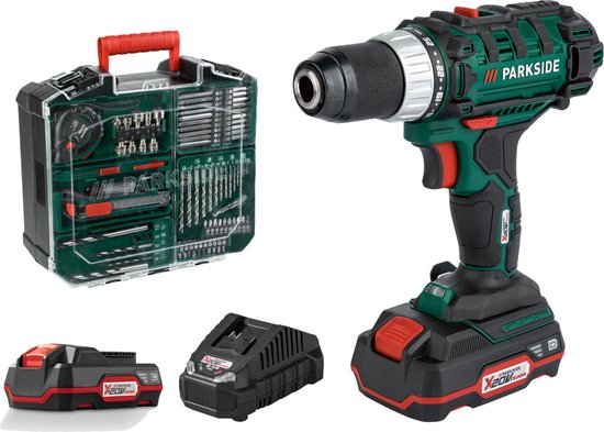 Parkside Accu Boorschroefmachineset 20V - Toerental: 0-400 min-¹ (1e versnelling) | 0-1400 min-¹ (2e versnelling) - Draaimoment: 40 Nm - Boordiameter: max. 30 mm (hout) | 13 mm (staal) - Inclusief: 2 accu's, 1 oplader en 73-delige toebehorenset