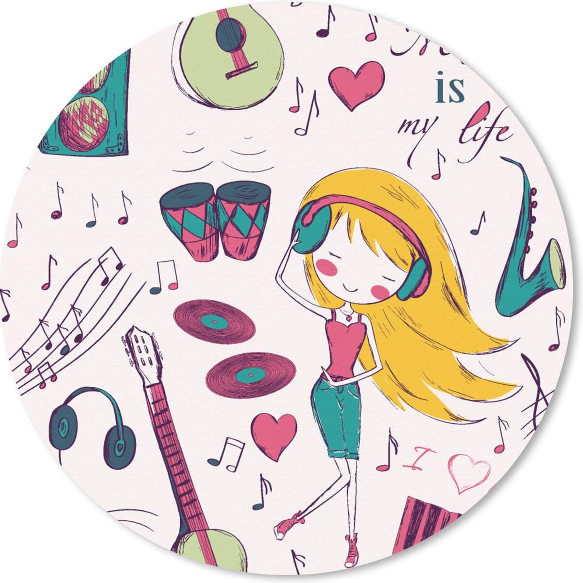 Muismat rond 50x50 cm - Mousepad Meiden - Muziek - Koptelefoon - Patronen - Girl - Roze - Kinderen - Kind - Ronde muismatten