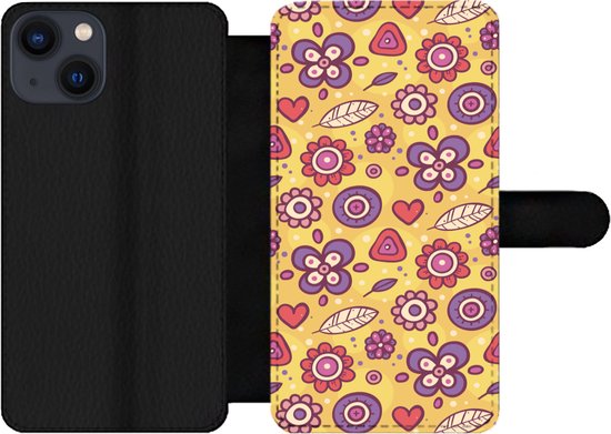 Bookcase pour téléphone iPhone 13 Bookcase - Motif - Fleurs - Violet - Oranje - Avec compartiments - Étui portefeuille avec fermeture magnétique