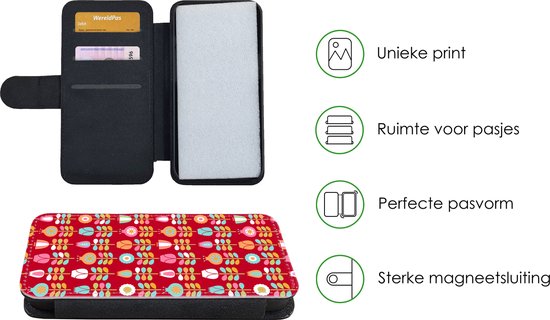 Étui pour téléphone iPhone XR Bookcase - Motifs - Fleurs - Rétro - Rouge - Avec compartiments - Étui portefeuille avec fermeture magnétique