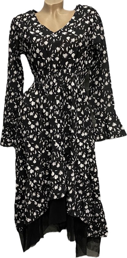 Dames midi jurk met bloemenprint 38-40 zwart/wit